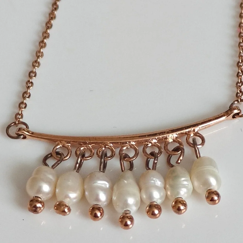 Rose Gold Tone Small Pearl Dangle Bar Necklace Adjustable Link Chain Boho
